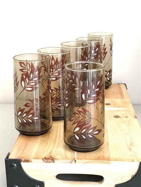 Vintage Libby Drinking Glasses Amber With Floral Design Etsy