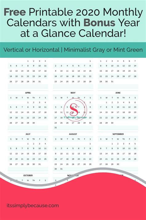 Free Monthly 2020 Calendars With A Bonus Year At A Glance Calendar