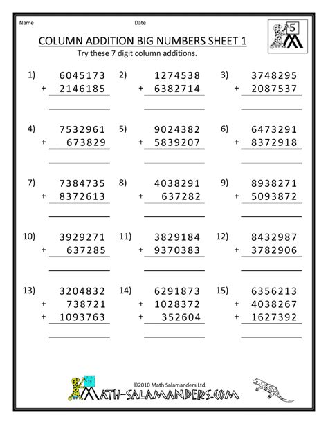 Addition And Subtraction Worksheets Column Addition Big Addition