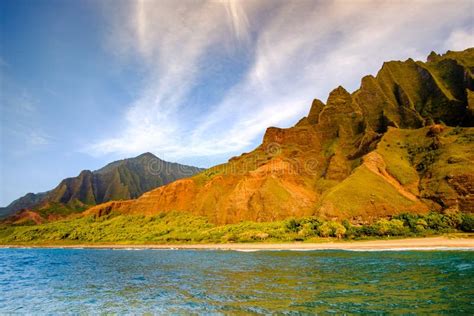 Landscape View Of Na Pali Coastline Cliffs And Beach Kauai Hawaii