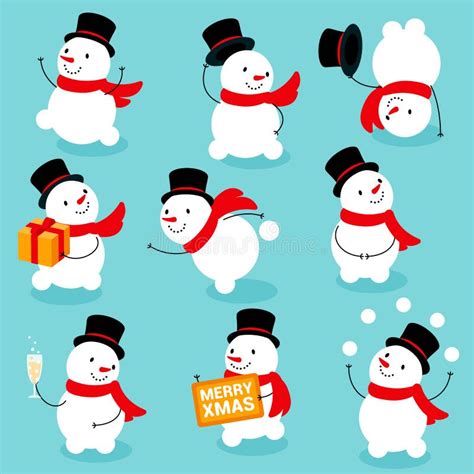 Cute And Funny Snowmen Christmas Illustrations Vector Set Icon Stock