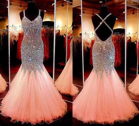 Spaghetti Strap Pink Tulle Sparkly Mermaid Prom Dress Long Backless