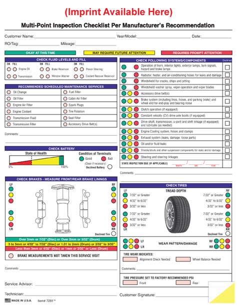 Multi Point Inspection Checklists For Car Repair Vehicle Inspection