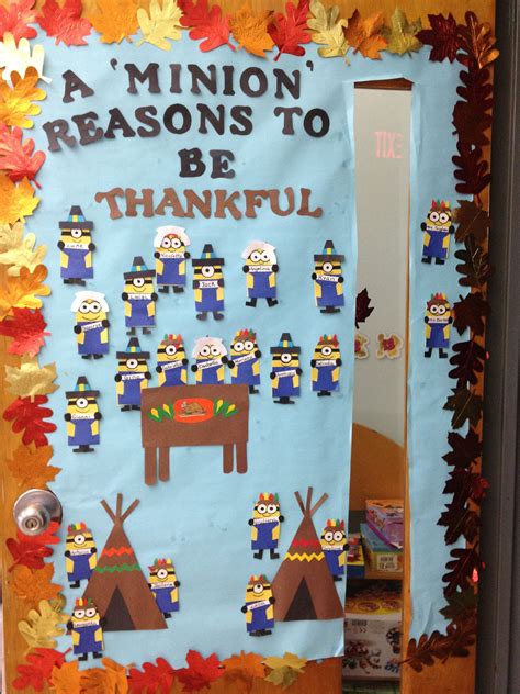 A bulletin board is a surface intended for the posting of public messages, for example, to advertise items wanted or for sale, announce events, or provide information. Mrs. B's thankful minions door | Thanksgiving door ...