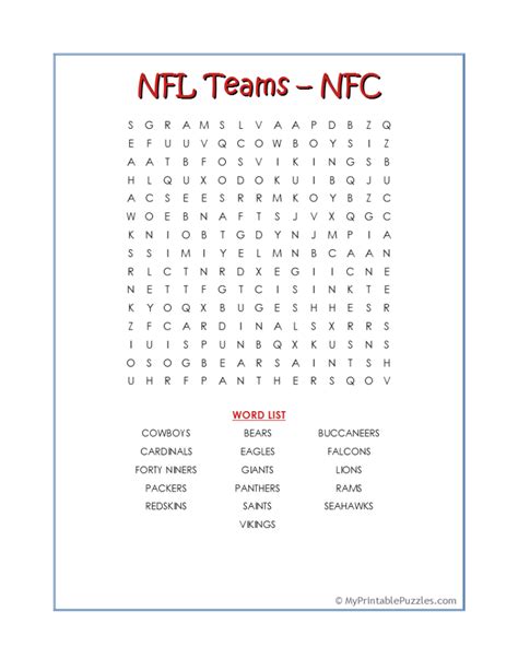 Nfl Teams Nfc Word Search My Printable Puzzles