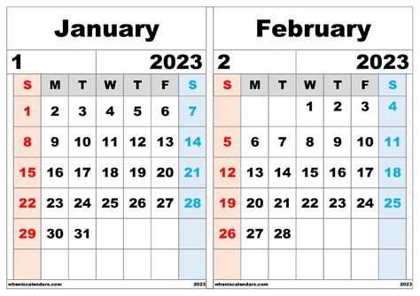 Free January And February 2023 Calendar Printable Pdf In Landscape
