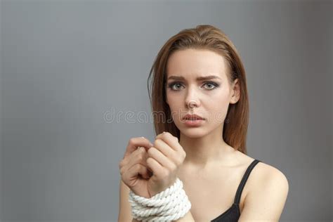 Young Girl With Tied Hands With The Rope Stock Image Image Of Fear