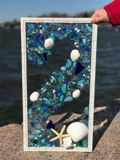 Mosaic Coastal Window 21x 11 Mixed Media Sea Etsy Beach Glass Art Ocean Decor Diy Ocean Decor