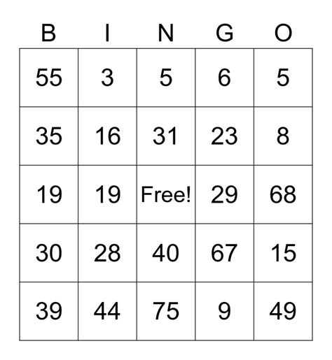 Number Bingo 1 75 Bingo Card