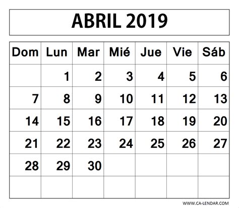 Calendario Abril 2019 Imprimir Plantilla Calendario C