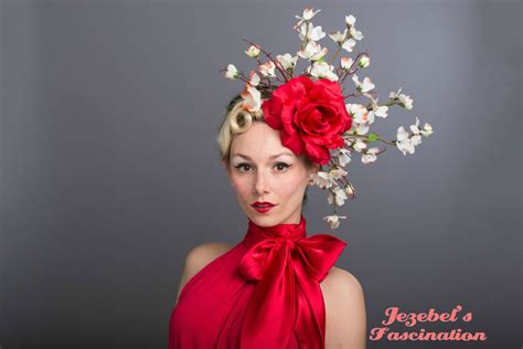 Large Rose Carnevale Cherry Blossom Fascinator Red White Etsy Rose Costume Fascinator Rose