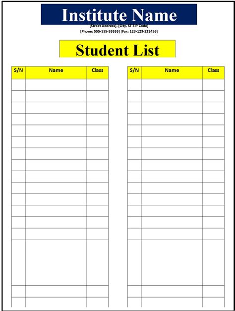 Student List Template Excel Word Template