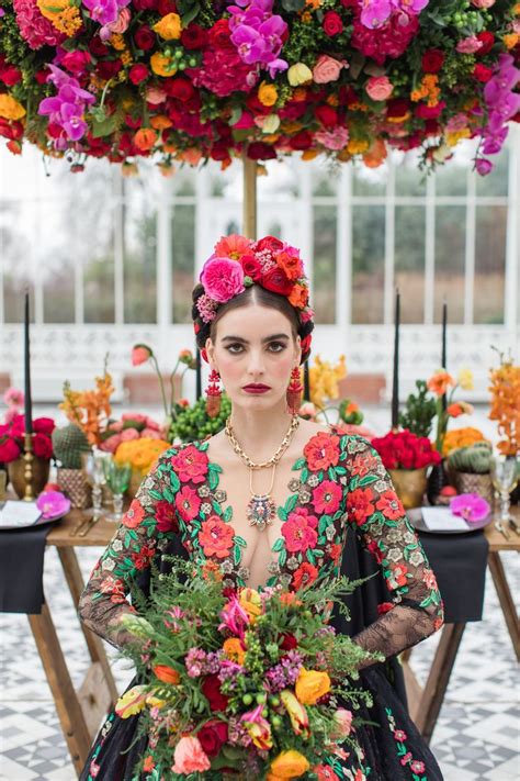 Inspired By Frida Kahlo Colourful Floral Wedding Editorial Dress By