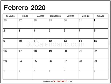 Febrero 2020 Calendario 30 Calendario