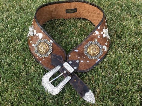L Raviani Brown Leather And Cowhide Wide Western Hip Belt W Crystal Conchos Belts For Women