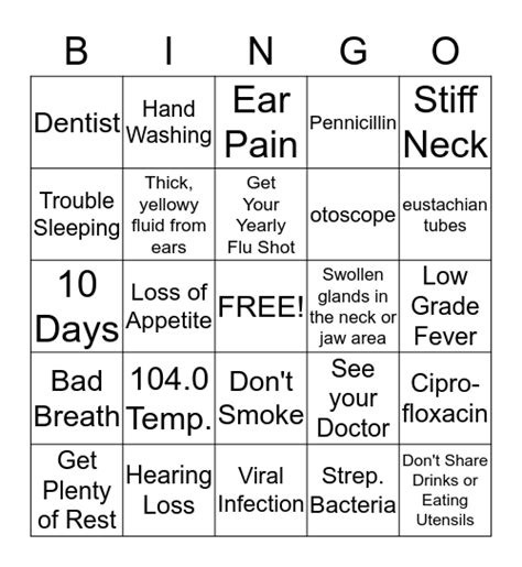 Tonsillitis And Ear Infections Bingo Card
