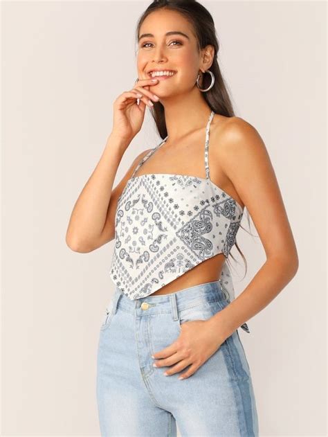 Halter Neck Bandana Print Crop Top Shein Top Outfits Fashion Inspo Outfits Satin Top Outfit