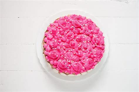 Cake With Pink Cream On White Wood Background Pink Cake Stock Image