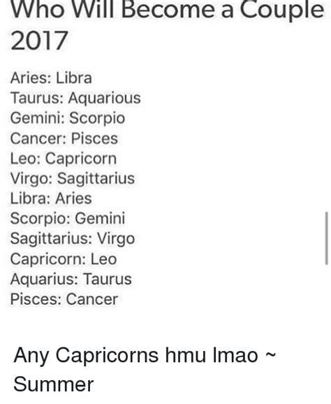 Cancer and taurus is a good combo because these signs are focused on security. Who Will Become a Couple 2017 Aries Libra Taurus Aquarious ...