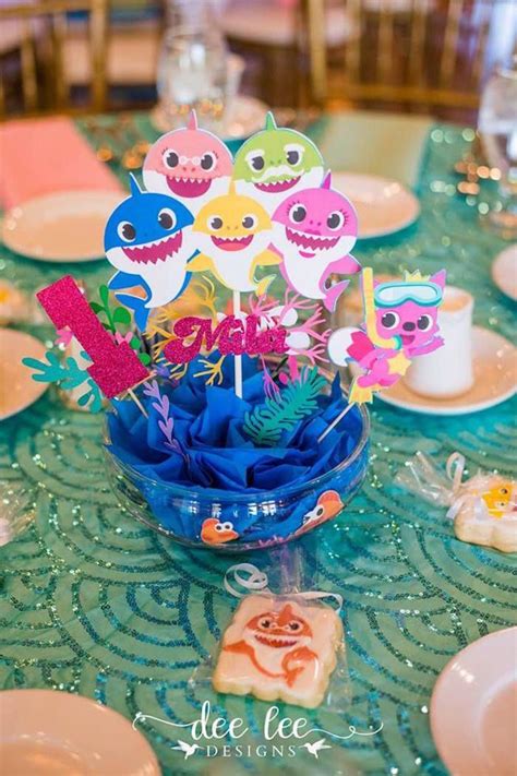 Baby Shark Inspired Table Centerpiece From A Baby Shark Birthday Party