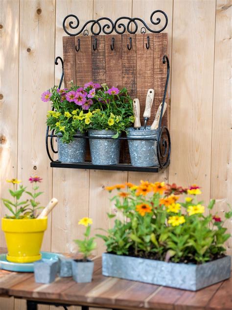 Rustic Wood Wall Shelf With Galvanized Planters