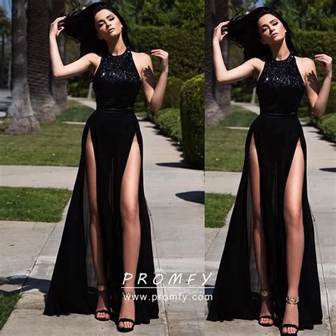 Double Thigh High Slits Black A Line Sexy Prom Gown Promfy