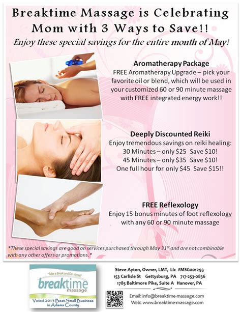 Breaktime Massage May Promotions Energy Work Celebrate Mom Massage