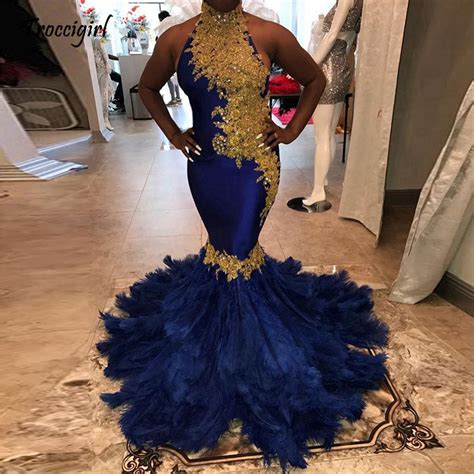 Sparkly Beaded Gold Lace African Black Girl Royal Blue Feather Prom