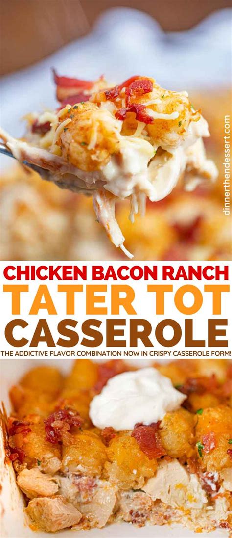The ranch sauce is a combination of dry ranch dressing mix, sour cream, and cream of chicken soup. Chicken Bacon Ranch Tater Tot Casserole Recipe - Dinner, then Dessert