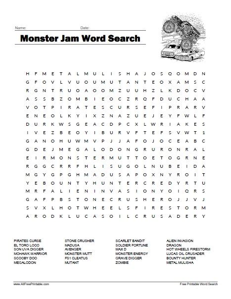 Print Monster Jam Word Search Free Printable