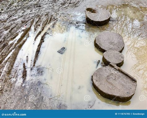 Wooden Stepping Stones Sit In Mud With A Puddle To The Stock Image