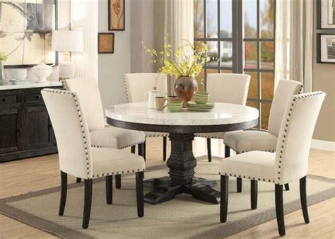 A pedestal table influenced by lungmen designs. 7PC LUCIA WHITE MARBLE TOP WEATHERED BLACK WOOD ROUND ...