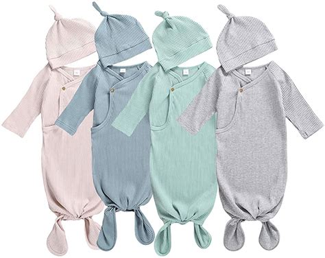 Buy Newborn Baby Cotton Nightgowns Girl Boy Ribbed Knotted Sleeper