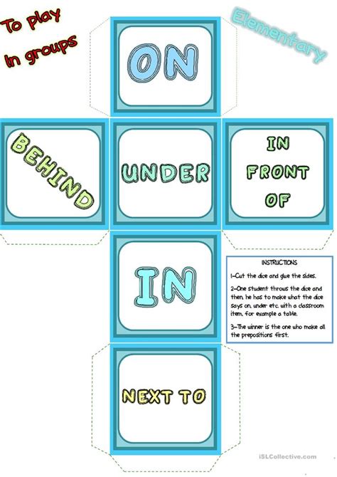 This worksheet is designed to introduce the there. Prepositions of place - words DICE worksheet - Free ESL ...