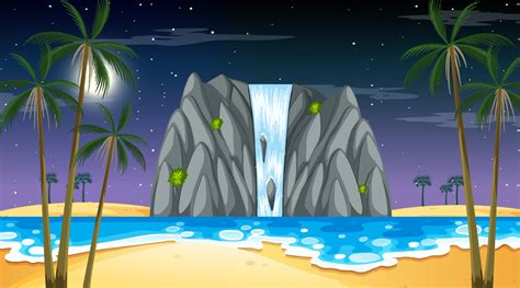 Tropical Beach Landscape At Night Scene With Waterfall 2371814 Vector