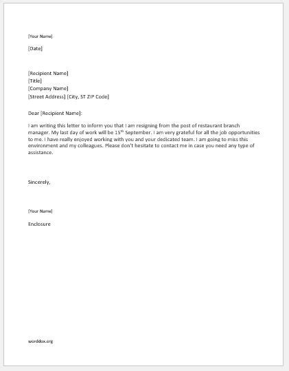 Restaurant Branch Manager Resignation Letter Word Document Templates