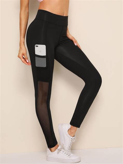 Black Contrast Mesh Pocket Side Leggings Cs709404 Active Wear Outfits