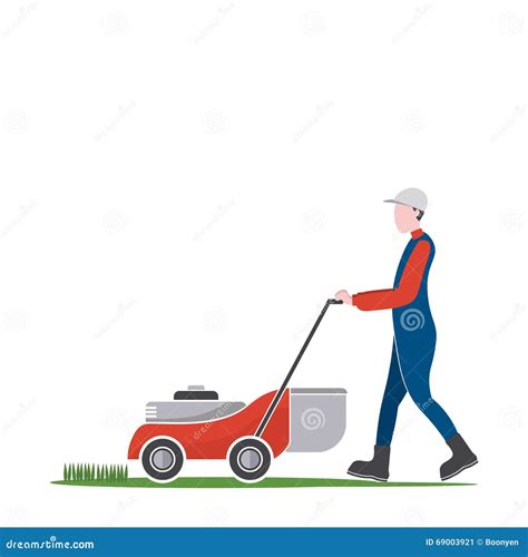 Lawn Mower Man Cutting Grass Backyard Jobs Stock Vector Illustration