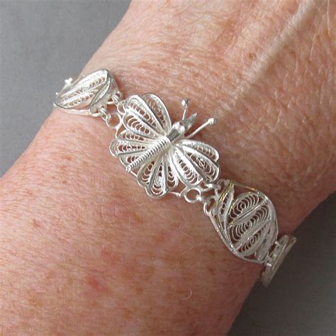 Vintage Sterling Silver Filigree Butterfly Bracelet And Dangle Pierced