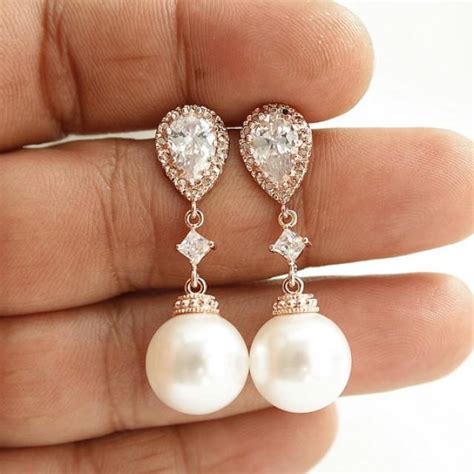 Pearl Rose Gold Earrings Wedding Jewelry Cubic Zirconia Pearl Drop