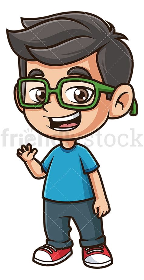 Happy Boy With Glasses Waving Cartoon Clipart Vector