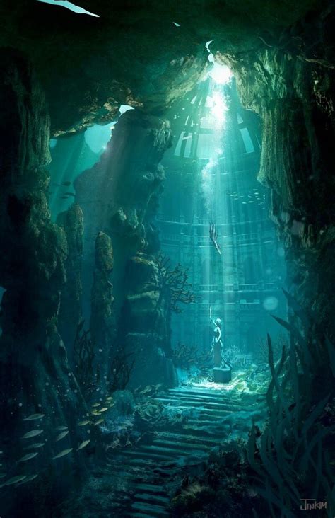 An Underwater Cave With Stairs Leading Up To The Light Coming From Its