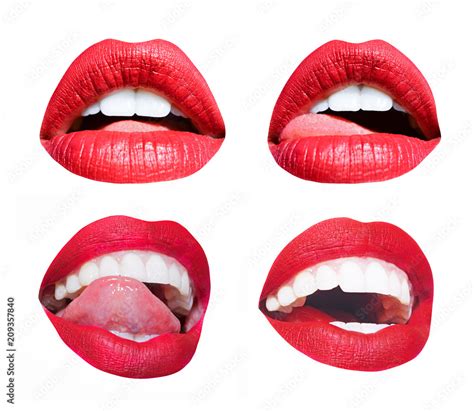 Woman Mouth Different Lips Set Emotions Sexy Tongue And Licking White Lips Red Seductive