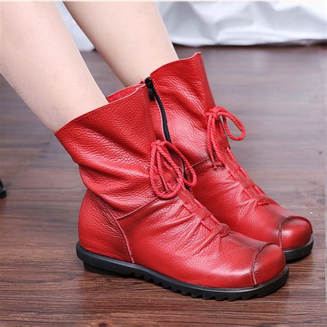 2017 vintage style genuine leather women boots flat booties soft cowhide women s shoes front zip