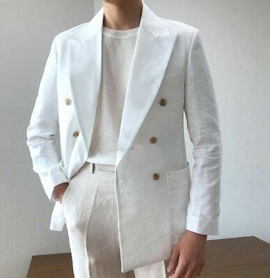 Summer White Linen Suit Beach Men S Double Breasted Groom Leisure Wedding Blazer Ebay