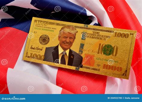 Trump Gold Plated Fake Money Unique America 1000 Dollar Banknote On Usa Flag Editorial Image