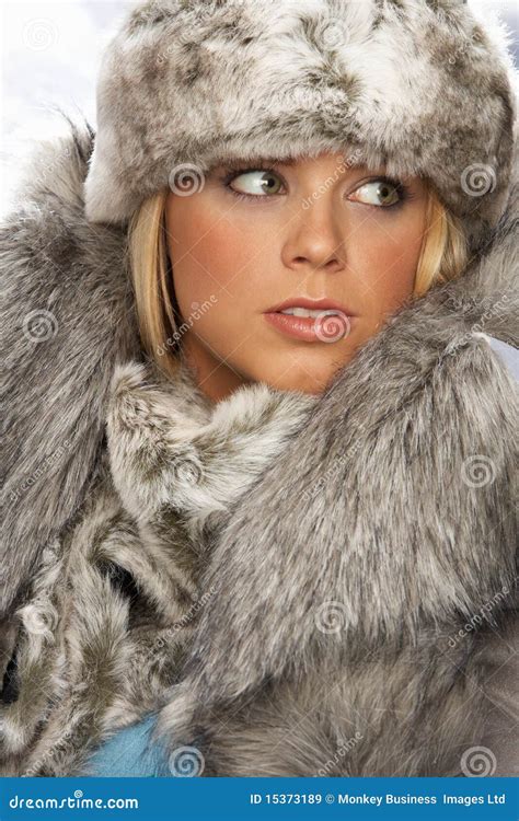 Portrait Of Young Woman Wearing Fur Hat And Coat Stock Image Image Of
