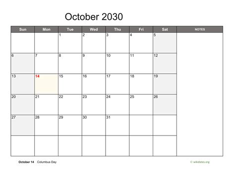 October 2030 Calendar With Notes