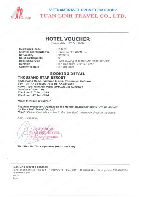 Many free hotel vouchers offer free hotel stays for homeless people. Sample of a hotel voucher, Tuan Linh Travel