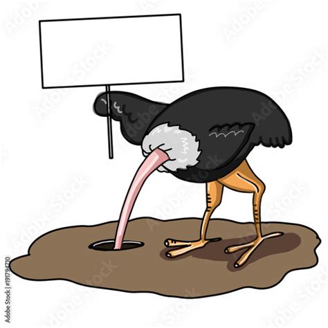 Cartoon The Ostrich Burying Its Head In The Sand And Banner Stock